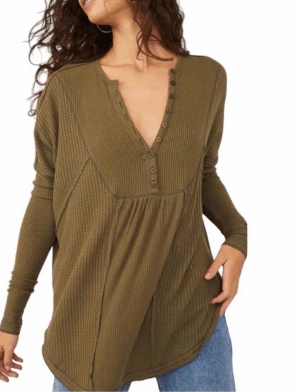 Free People Olive Waffle Knit Top - Casual Long Sleeve